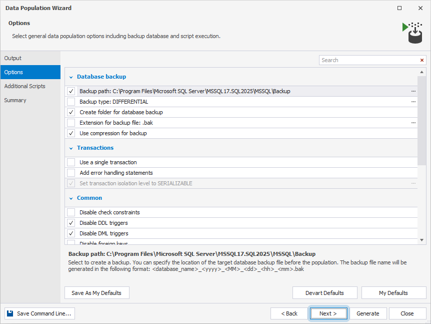 The Options page of the Data Population Wizard with data population options configured