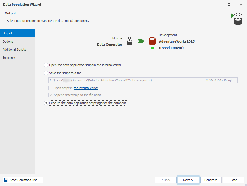 The Output page of the Data Population Wizard with the execute script option selected