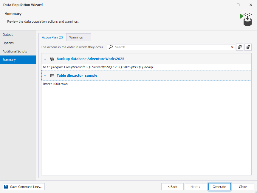 Summary page of the Data Population Wizard showing the Action Plan and Warnings tabs
