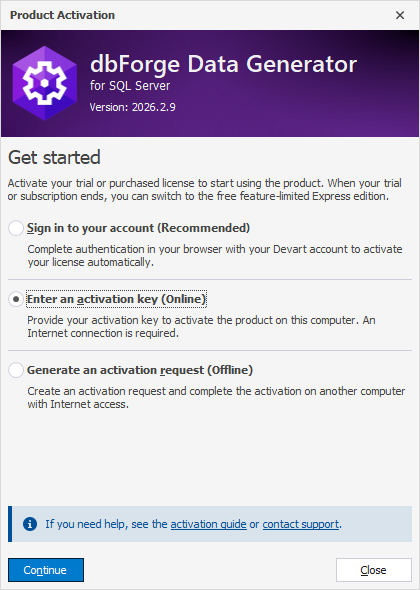 Select the Enter activation key option