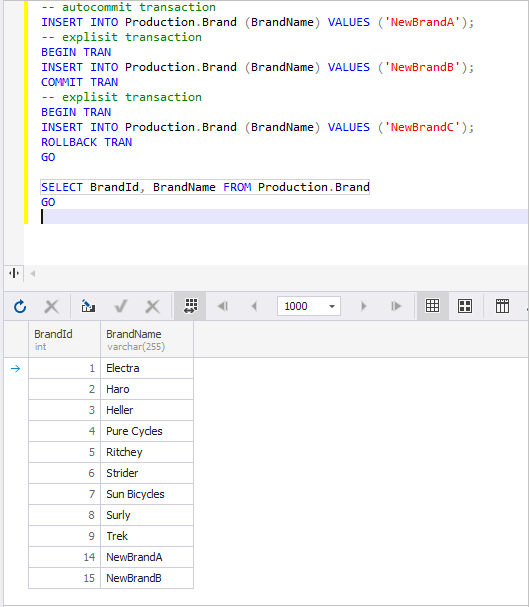Manage transactions through SQL statements