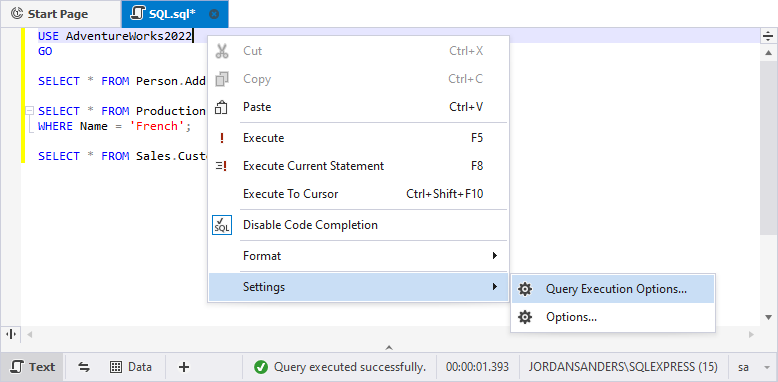 Options window