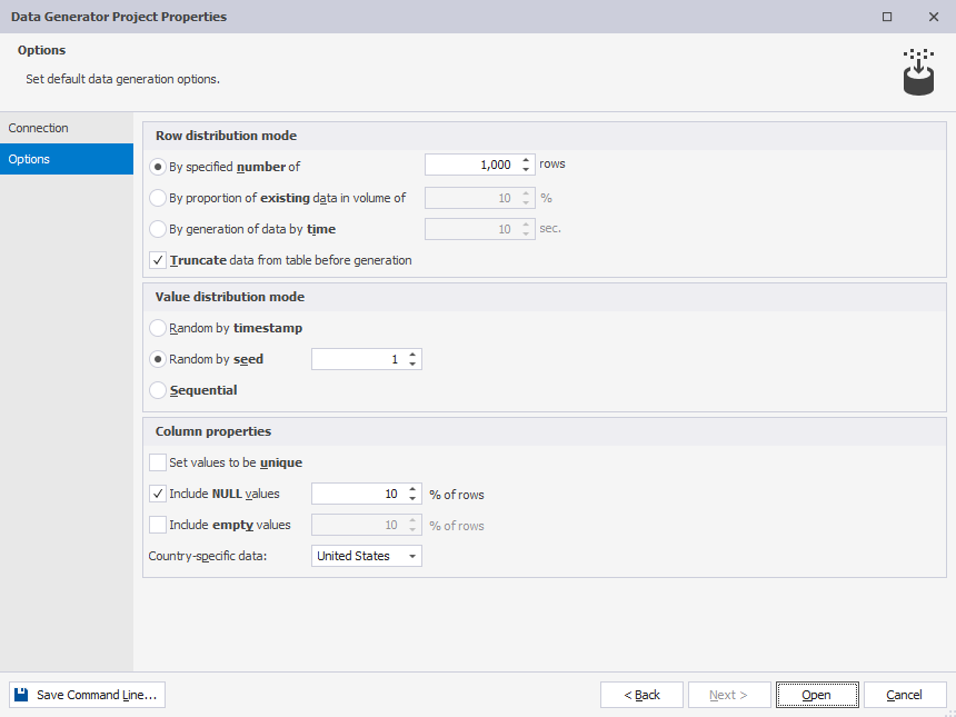 Set data generation options