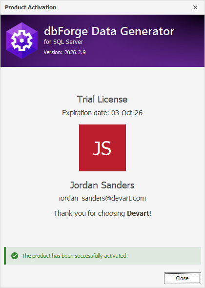 The Product Activation dialog - Successful activation of a trial license