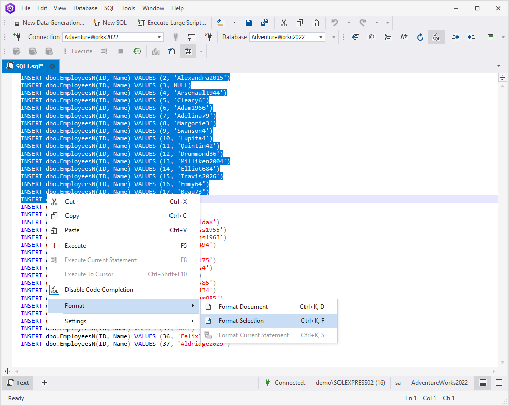 Working with SQL formatting