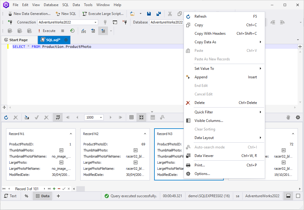 Viewing data - shortcut menu