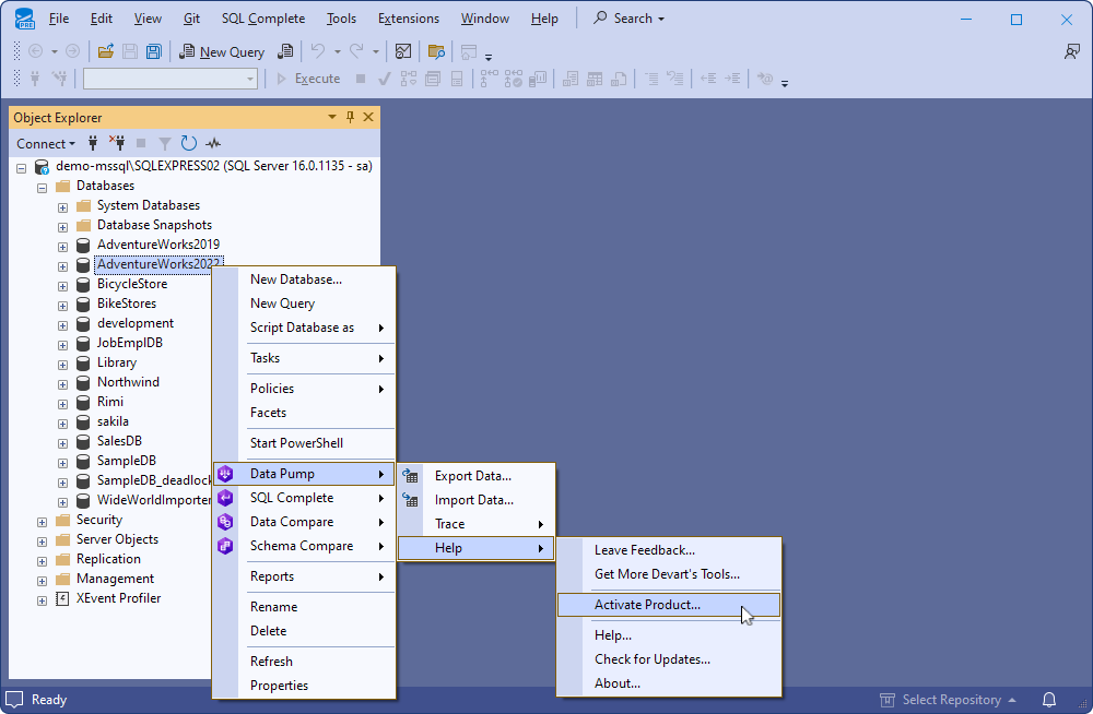 The expanded Help submenu in the Data Pump menu in SSMS