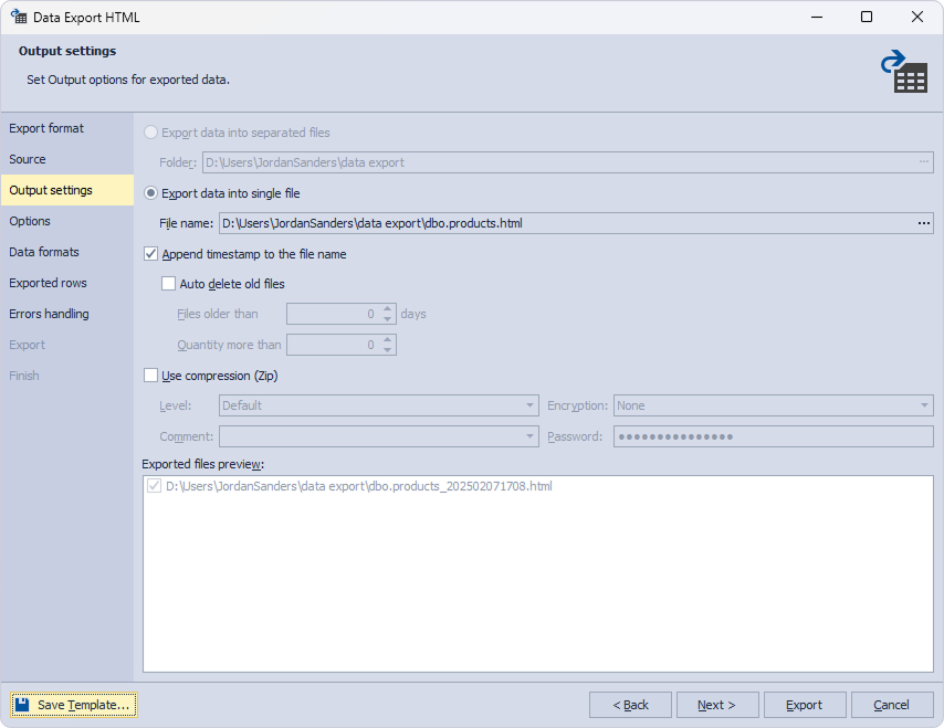 Save data export template