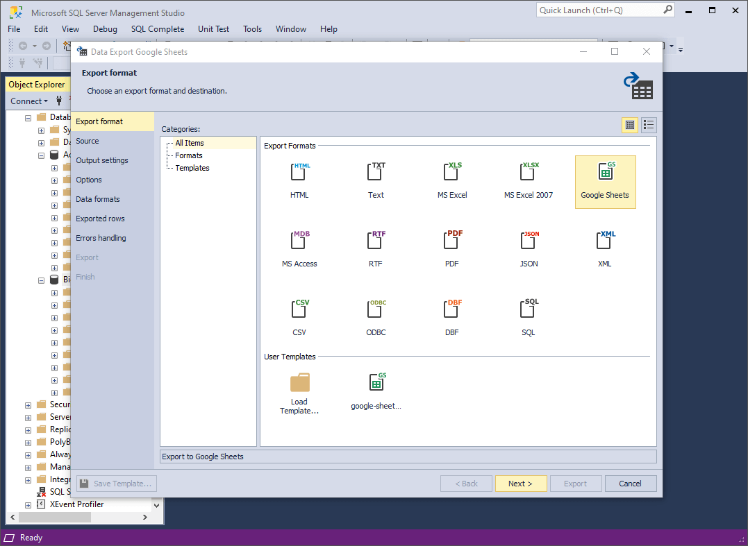 How to export SQL Server data to Google Sheets