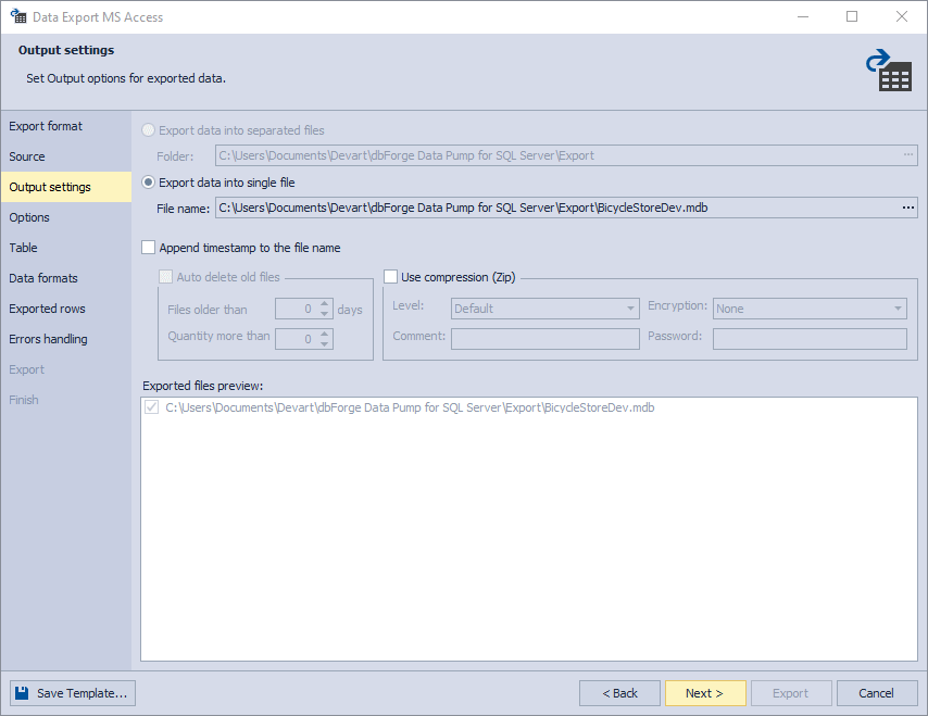 Output settings