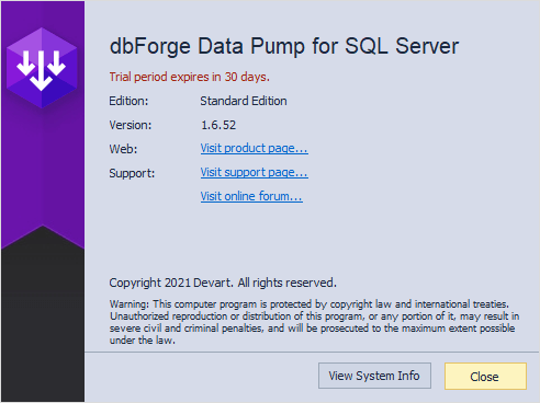 View the information about the current version of dbForge Data Pump