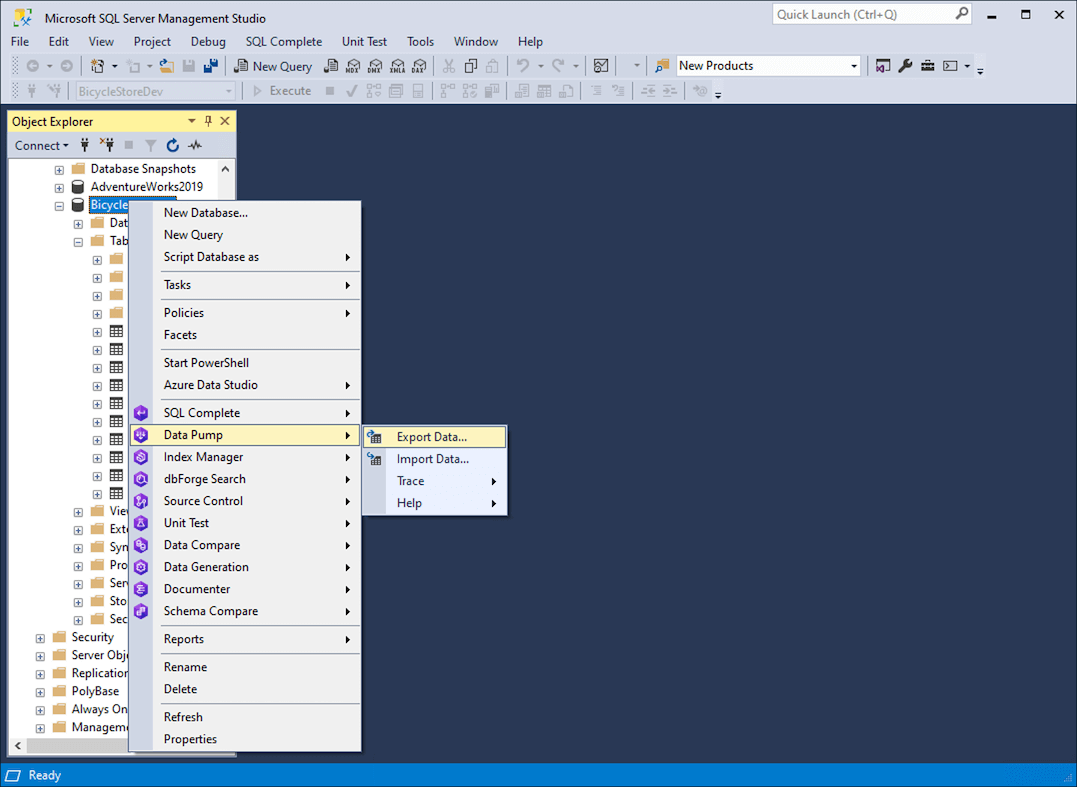 Selecting Data Pump from the shortcut menu