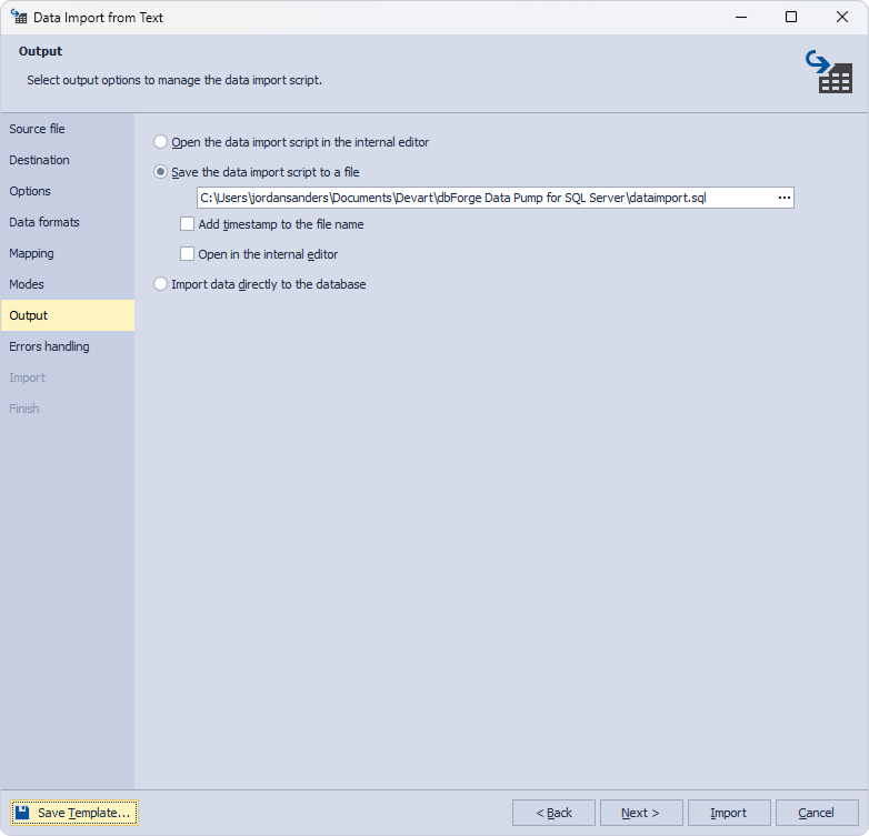 Save data import template