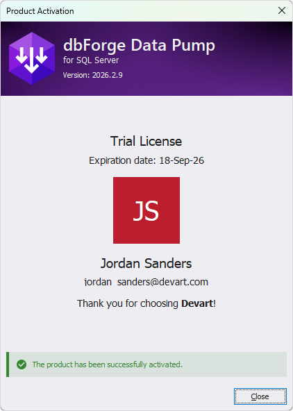 The Product Activation dialog - Successful activation of a trial license