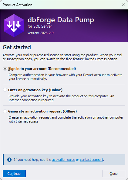 The Product Activation dialog - Sign in to your account