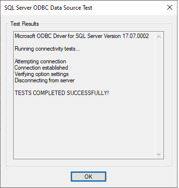SQL Server data source configuration was completed successfully