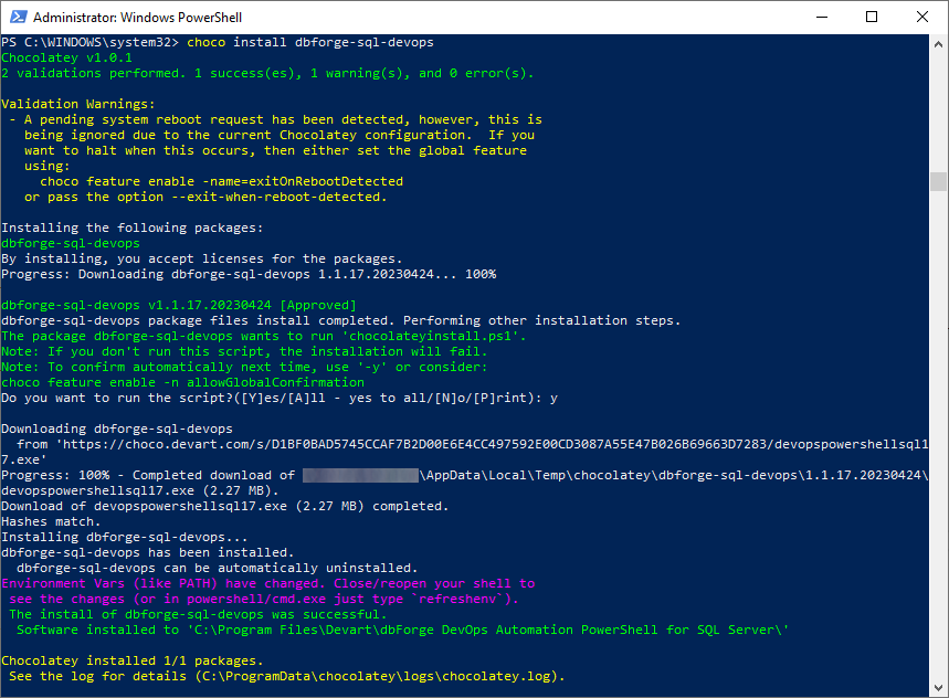Install dbForge DevOps Automation PowerShell for SQL Server using Chocolatey
