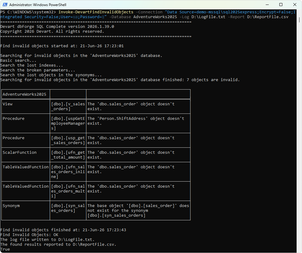 Invoke-DevartFindInvalidObjects