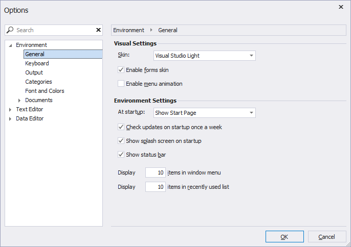 Options window