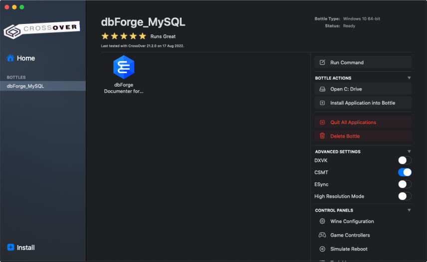 dbForge Documenter for MySQL installed in the bottle