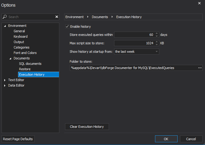 SQL Query History options