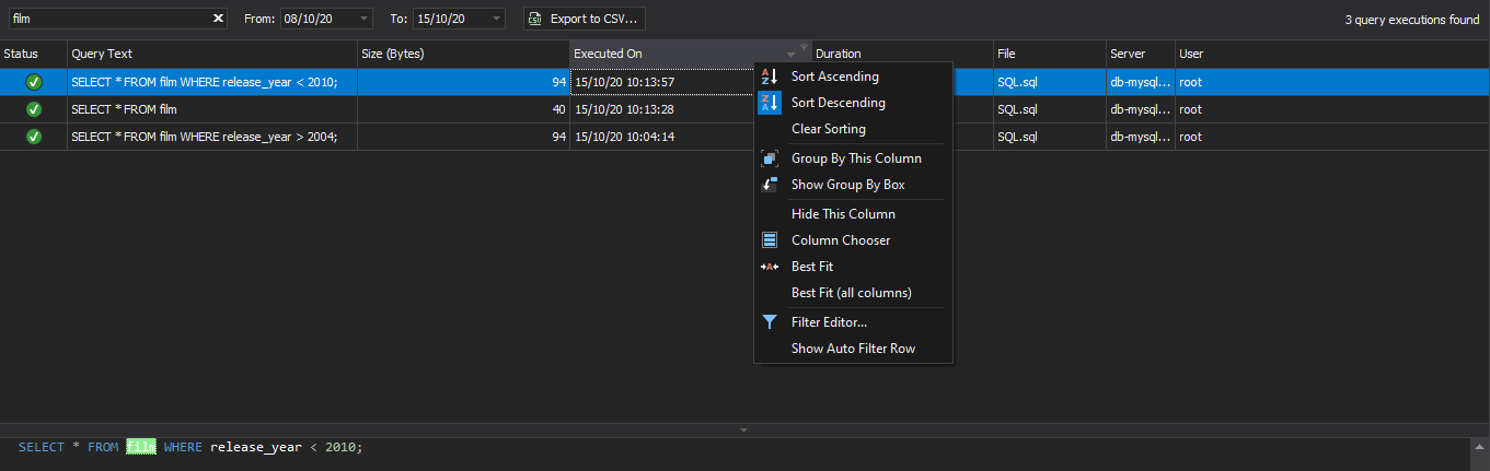 Filtering SQL Query History