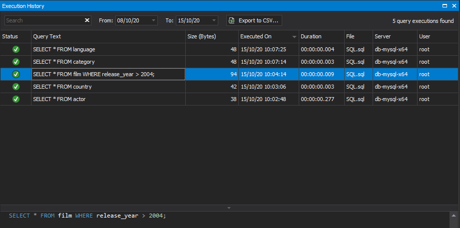 Query mSQL Query History window