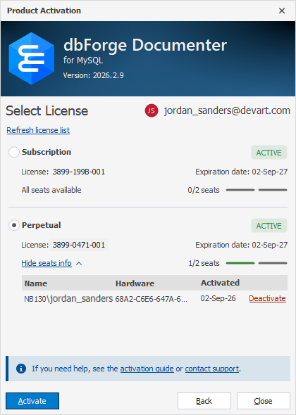 The Product Activation dialog - Multiple licenses