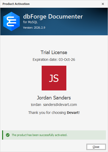 The Product Activation dialog - Successful activation of a trial license