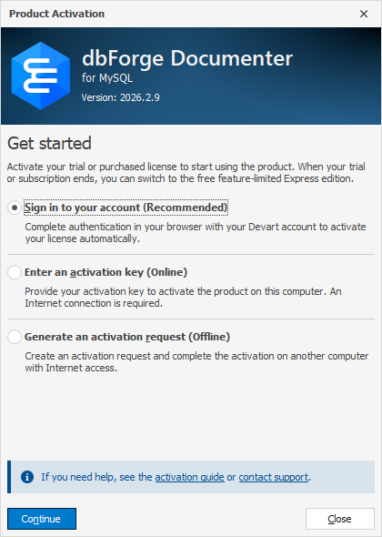 The Product Activation dialog - Sign in to your account