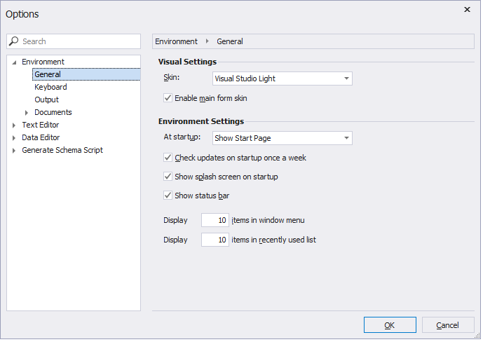 Options window