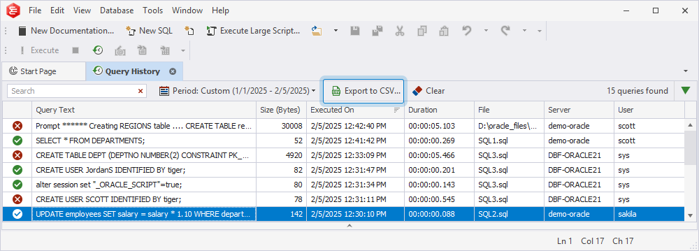 Export query history to a .csv file