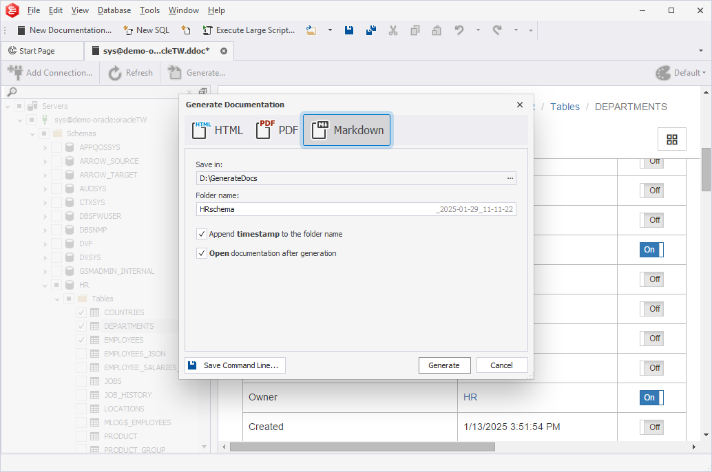 Generate Documentation dialog - SQL documentation generator