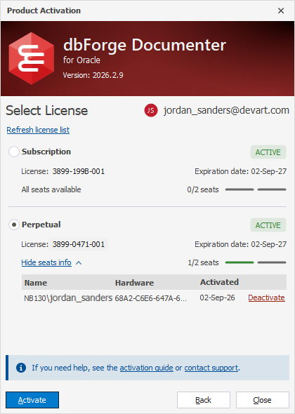The Product Activation dialog - Multiple licenses