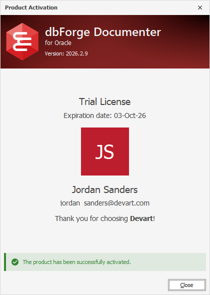 The Product Activation dialog - Successful activation of a trial license