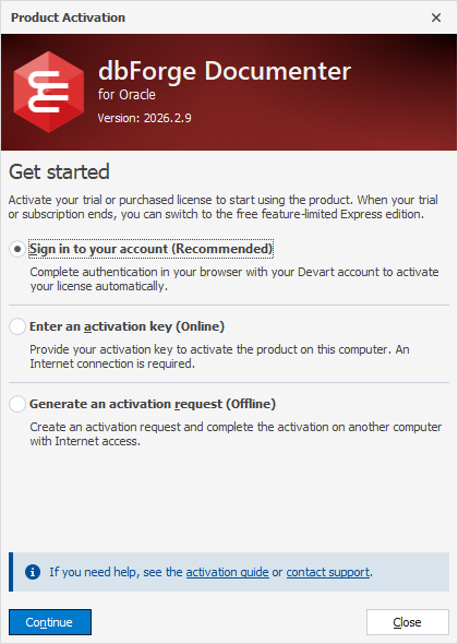 The Product Activation dialog - Sign in to your account