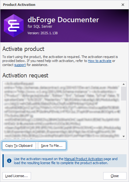 The Product Activation dialog with the activation request text