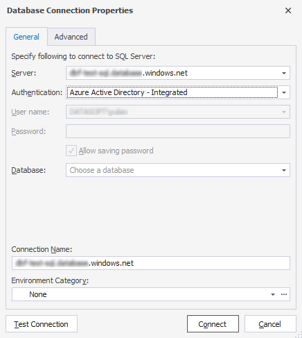 Connecting to the Azure database with Azure Active Directory in SQL documentation generator - Integrated