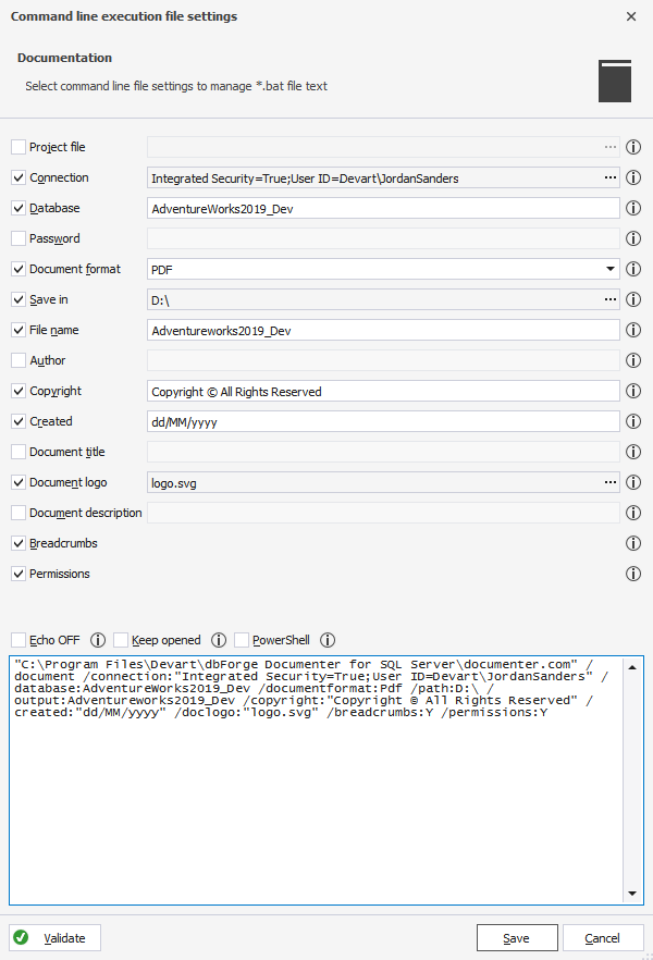 Command line file settings in dbForge Documenter for SQL Server