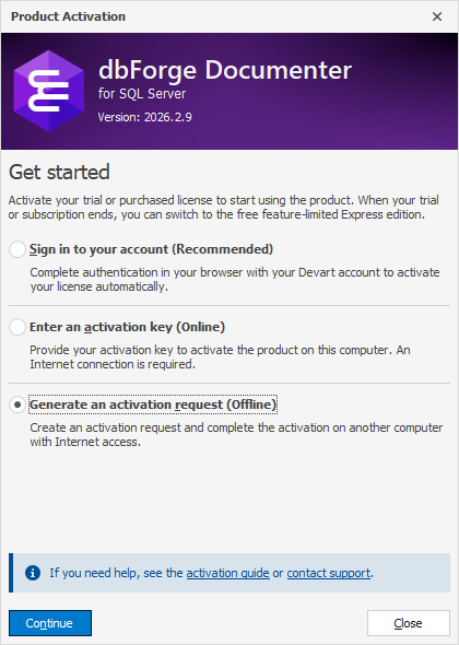 Select the Generate activation request option