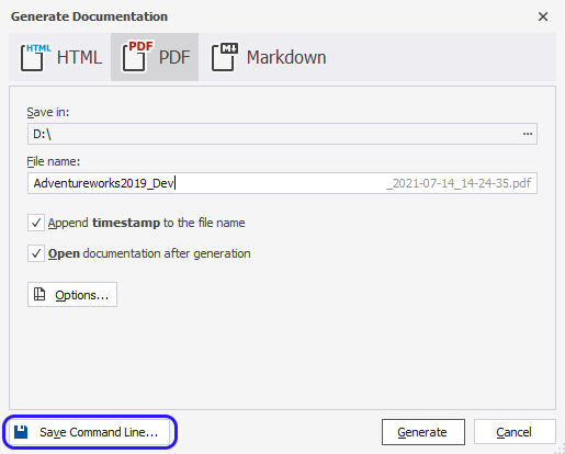 Generate Documentation dialog - dbForge documenter tool