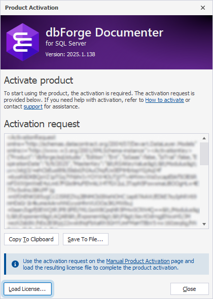 The Product Activation dialog and the Load License button