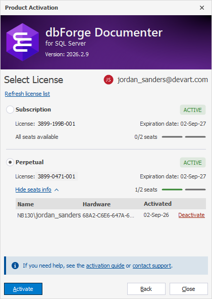 The Product Activation dialog - Multiple licenses