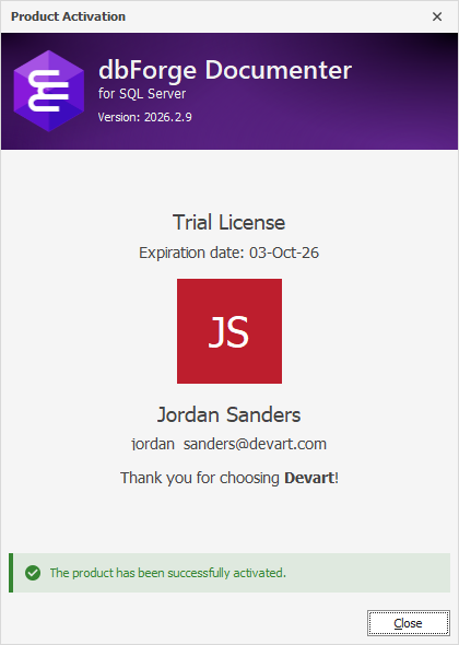 The Product Activation dialog - Successful activation of a trial license