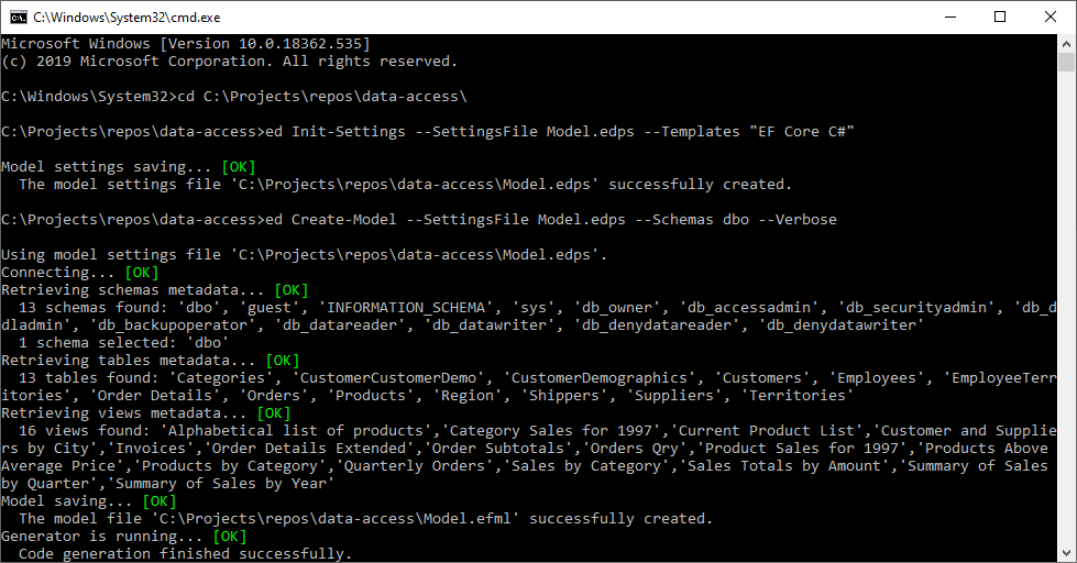 The console window showing successful Model.efml creation.