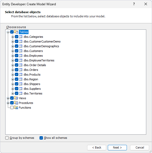Select database objects