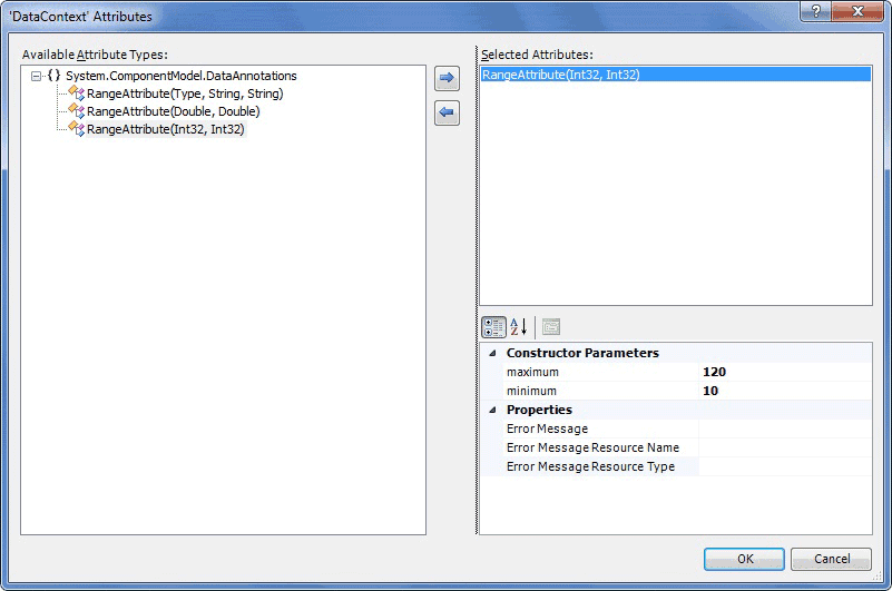 RangeAttribute configuration dialog with minimum and maximum settings
