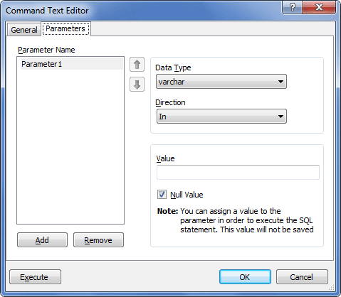 Displaying the Parameters tab of the Command Text Editor page