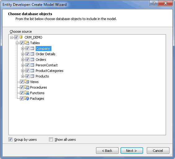 Select database objects page