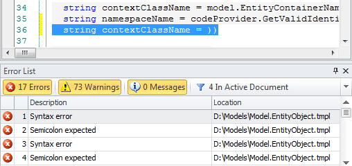 Highlighting errors in the Error List window